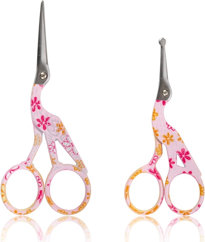 Stork Bird Rounded Safety Tip Embroidery Craft Stainless Steel Crane Scissors - Pink - 2 Pairs