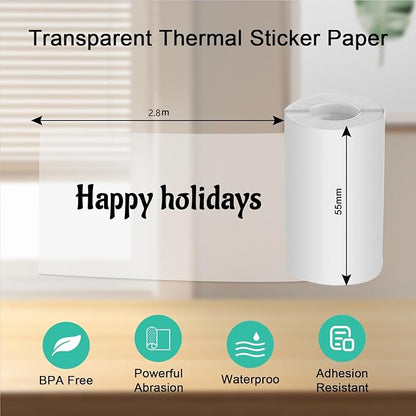Transparent Self-Adhesive Thermal Paper, Glossy Thermal Printer Paper for Mini Portable Printer, 57mm X 2.5mm, 3-Rolls Thermal Labels for Most Pocket Printer