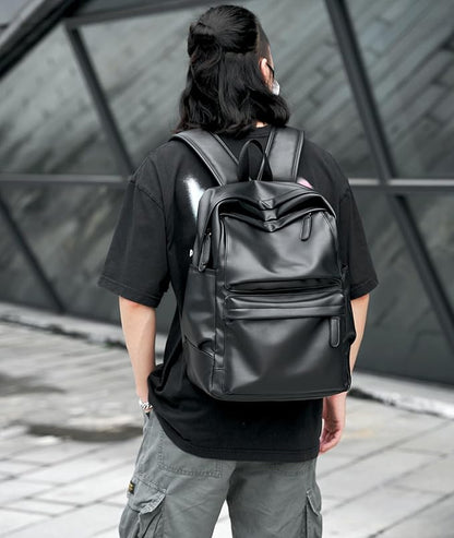 Black Leather Backpack, Large Capacity Carry On Back Pack Fits 15.6'' Laptop, Water-Resistant Overnight Rucksack for Travel Hiking Business Work PU Backpack