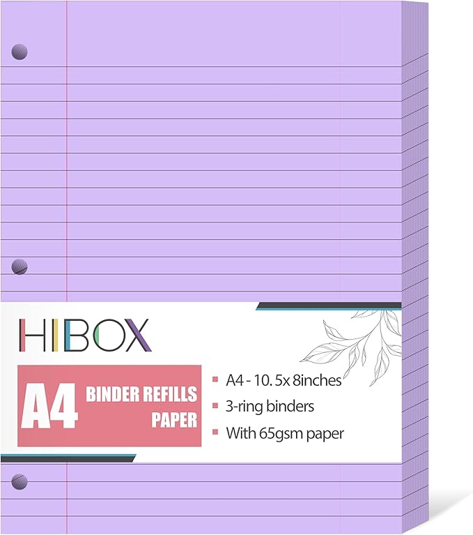 HIBOX 100 Sheets Wide Ruled Loose Leaf Paper, 8x10.5 Inch, 3-Hole Punched, Purple Filler Paper for School & Office