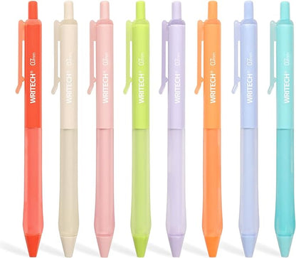 WRITECH Retractable Gel Ink Pens: Fine Point 0.7mm Assorted Color Soft Grip 8ct No Bleed & Smear Extra Smooth Writing Bullet Tip Colored Pen Set for Journaling Coloring