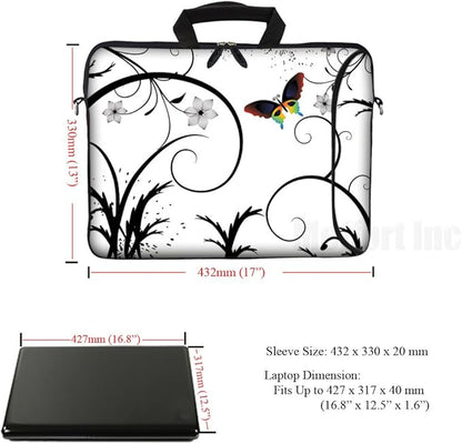 Meffort Inc 17 17.3 Inch Neoprene Laptop Bag Sleeve with Extra Side Pocket, Soft Carrying Handle & Removable Shoulder Strap for 16" to 17.3" Size Notebook Computer - White Swirl Design