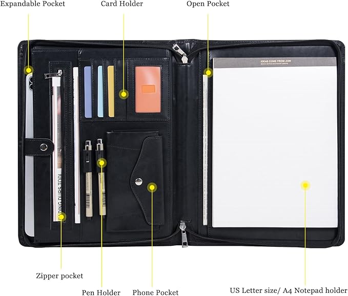 AZXCG Portfolio Binder, Leather Portfolio for Men, Padfolio for Women,Leather Folder, Portfolio Notebook, Gift for Women and Men, Black