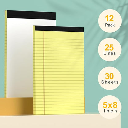 Small Yellow Legal Pads 5×8 – 12 Pack College Ruled Notepads with Perforated Pages and Double Sided Printing, Ideal for Work, Study, 80gsm Premium Thick Paper, Writing Pads 5"x8" 30 Sheets/60 Pages