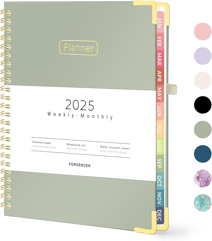 Forvencer 2025 Planner, Hardcover Weekly and Monthly Planner, January 2025 - December 2025, 6" x 8", Spiral Calendar Planner with Tabs, Exquisite Daily Organizer Notebook with Inner Pocket, Agenda Journal for Office Home School, A5 Size, Olive Green
