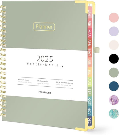 Forvencer 2025 Planner, Hardcover Weekly and Monthly Planner, January 2025 - December 2025, 6" x 8", Spiral Calendar Planner with Tabs, Exquisite Daily Organizer Notebook with Inner Pocket, Agenda Journal for Office Home School, A5 Size, Olive Green