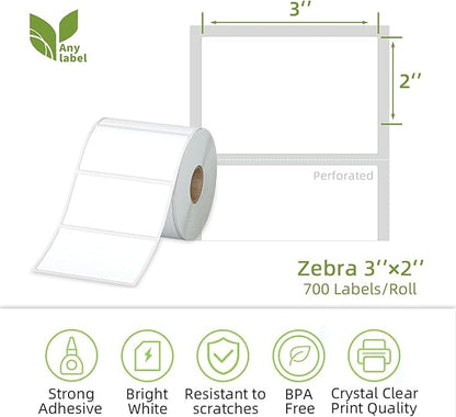 Compatible 3" x 2" Direct Thermal Labels Replacement for Barcodes Postage Address Shipping Compatible with Rollo & Zebra Desktop Printers Adhesive & Perforated (12 Rolls, 700 Labels/Roll)
