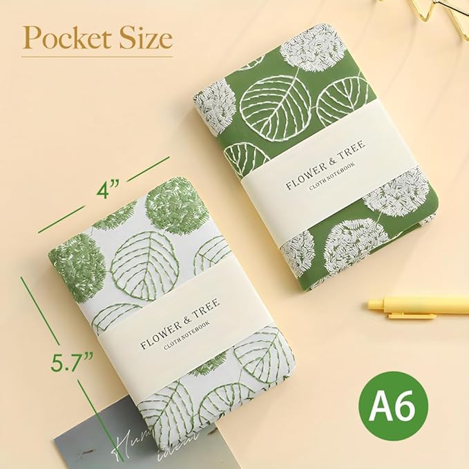 Pocket Notebook, A6 Journal, Small Embroidered Journal, Cute Fabric Notebook, Lay Flat Hardcover Journal, 4x6 Lined Notebook & Sketchbook, Personal Writing Journal for Women, White Leaf