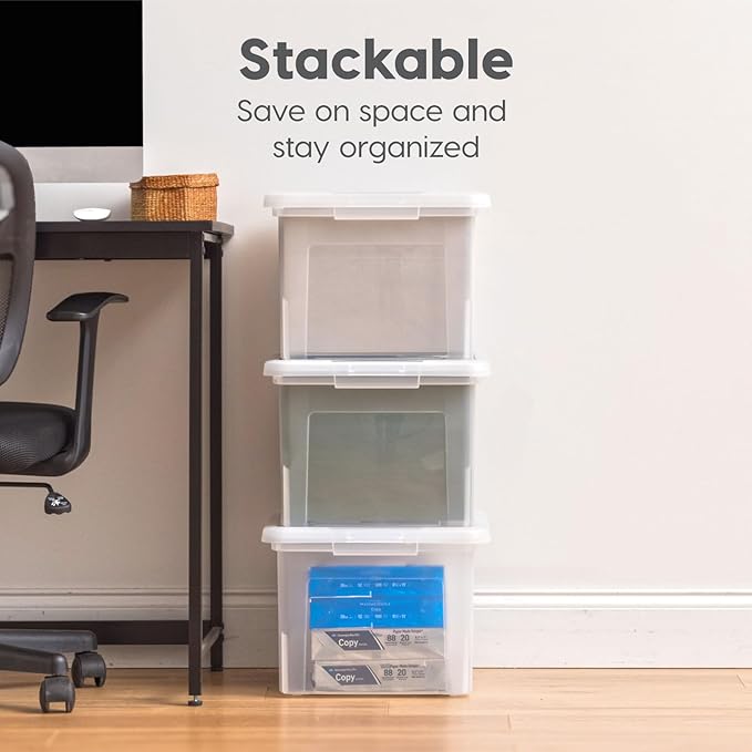 IRIS USA File Box File Organizer Plastic File Box for Letter/Legal File, BPA-Free Plastic Storage Bin Tote Organizer with Durable and Secure Latching Lid, Stackable, Nestable, Pearl 35 Qt. 4 Pack