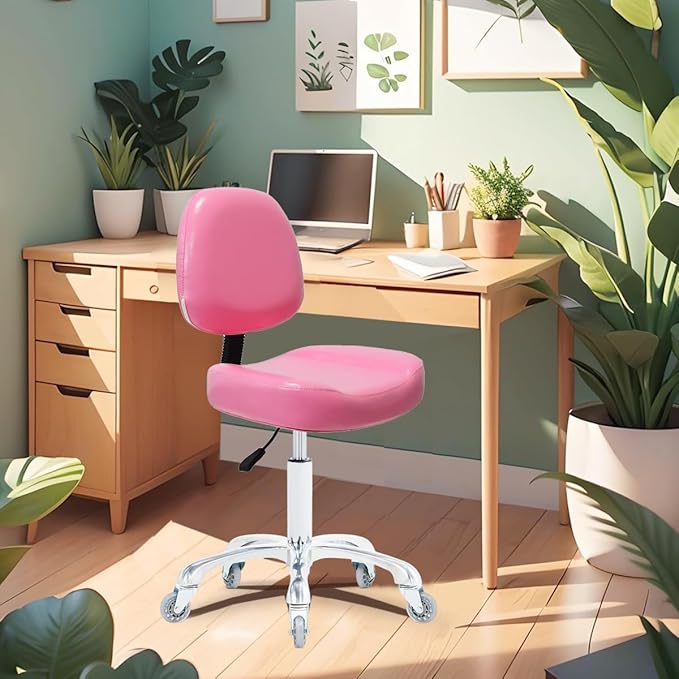 Vanity Rolling Chair Esthetician Shop Stool with Wheels,Ergonomic Lash Armless Office Chair, Desk Chair for Makeup Bedroom Classroom (Pink)
