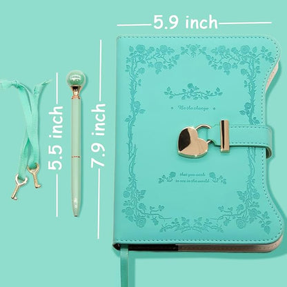 Diary with Lock and Keys for Girls Gift Ideas, 360 Gold Edged Pages Journal for Women, B6 Refillable Notebook for Writing with Pen and Bookmark (Garden Turquoise)