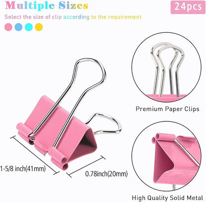 Colorful Binder Clips, 24 Pack, 1.6 Inch, Colorful, Large Clips, Large Binder Clips, Paper Binder Clips, Binder Clips Large Size, Large Paper Clips, Office Clips, Great Binder Clips