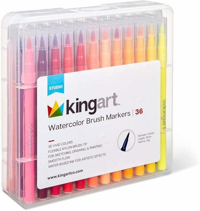 KINGART Watercolor Brush Markers, 36 Piece, Multicolor, 410-36