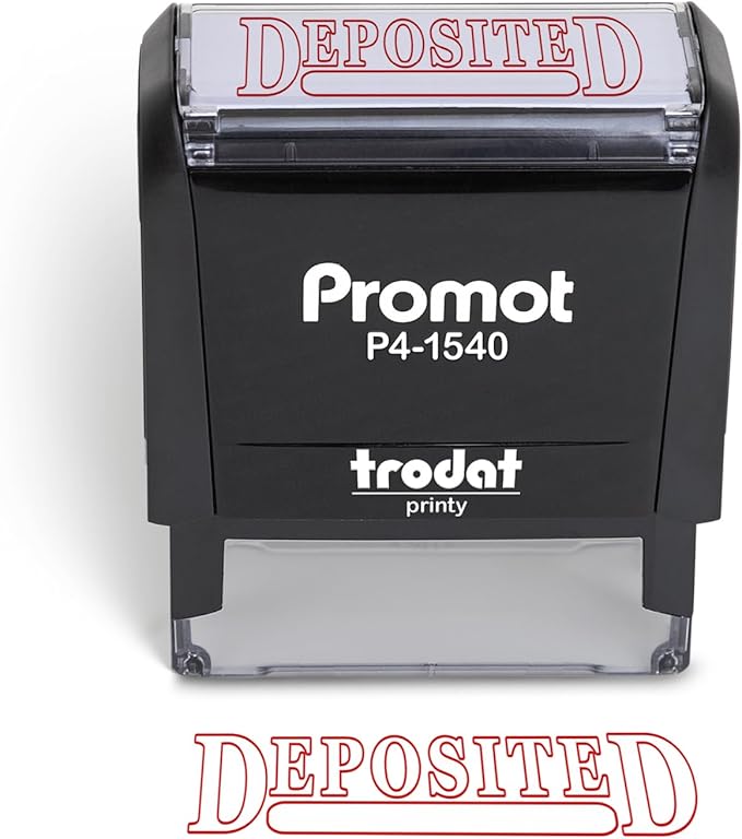 Promot Deposited Self Inking Rubber Stamp - Refillable Office Stamps - Business, Bookkeeping, Ordering, Accounting, Work, Deposit Stamper - Red Ink