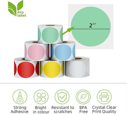 2" Color Circle Direct Thermal Labels, Self-Adhesive Round Direct Thermal Stickers, Multi-Purpose Roll Sticker Labels for DIY Logo Brand Design, QR Code, Name Tag(6 Rolls, 4500 Labels)