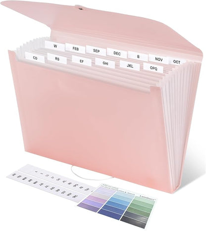 Expanding File Folder A4,13 Pockets File Organiser with Colored Tags, Paperwork A4 Plastic Wallet Document Storage Expander for School,Office and Home, Pink