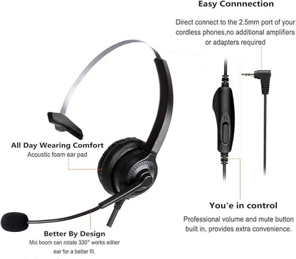 Cosyplus 2.5mm Telephone Headset Monaural with Noise Cancelling Microphone for DECT AT&T ML17929 Vtech Panasonic KX-T7630 Polycom Clarity XLC3.4 Office IP and Cordless Dect Phones（T10）