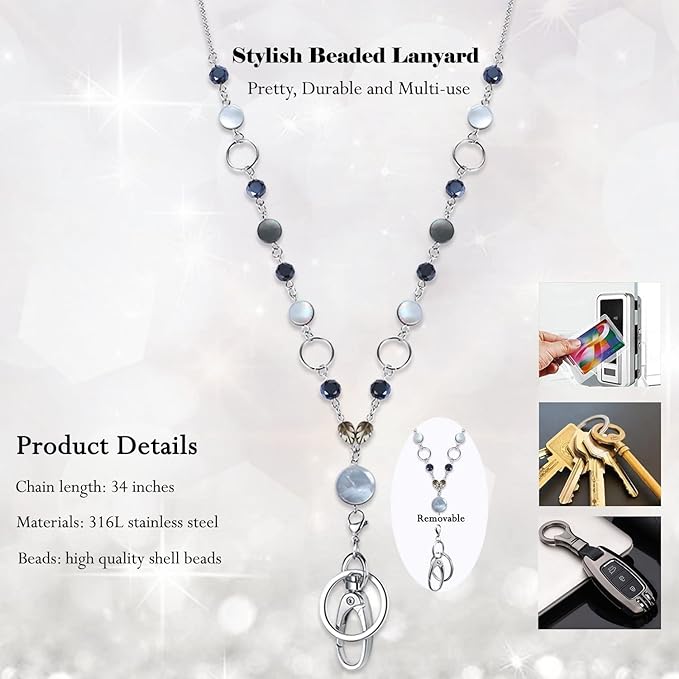 Lanyards for Keys ID Badges Women Beaded Lanyard Teacher Lanyard Necklace ID Card Key Holder Long Keychain Lanyard ID Holder Cute Bling Stainless Steel Chain Female Office Nurse Work Jewelry