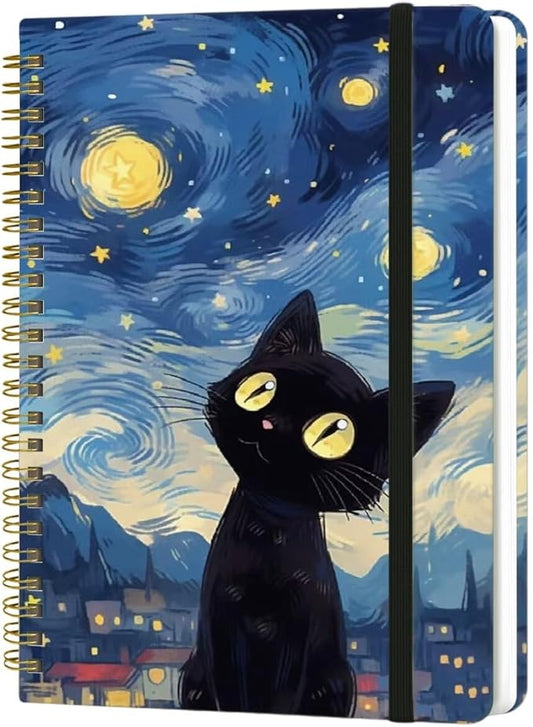 Spiral Notebook - A5 Spiral Notebooks, 8.3'' × 5.8'', 160 Pages, Aesthetic Journaling Notebooks for Women, College Lined Notebook with Elastic Closure, Back Pocket, for School Office, Cat Sky