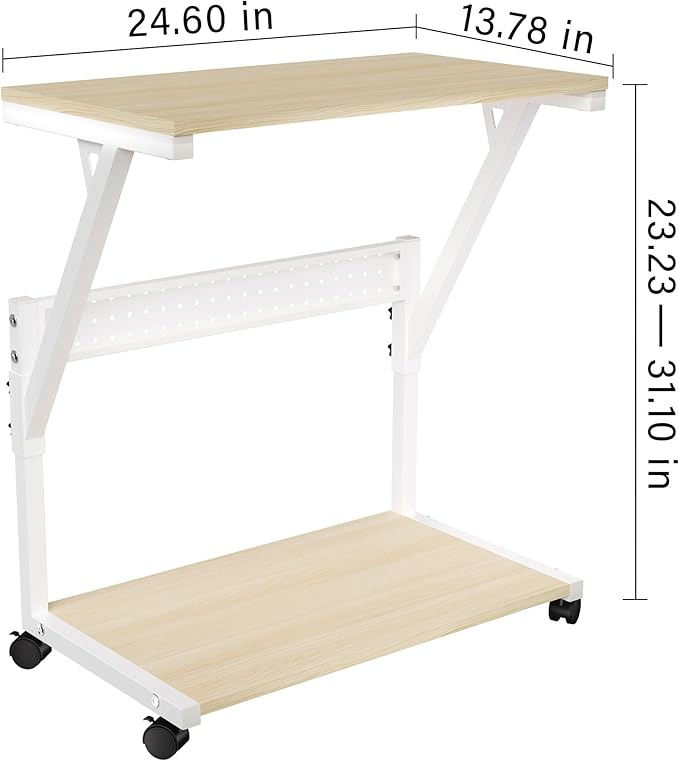 Computer Tower Cart - Height Adjustable PC Stand, 2-Tier ATX-Case CPU Holder Home Office Gaming Desk Accessories with Rolling Lockable Wheels, Laptop Table Standing Computer Desk, Natural White