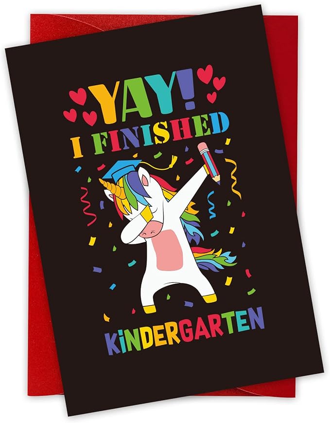 FaCraft Kindergarten Graduation Card, Unicorn Yay I Finished Kindergarten Greeting Cards Class of 2025 Kindergarten Graduation Gift Cards with Envelope for Kids Boy Girl Kindergarten Graduates