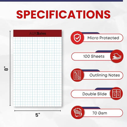 Grid Paper Pad 5x8 Inches – Graph Paper Pad 4x4, Grid Notepad, 12 Pack, 5x8 Graph Paper 1/4 Grid, Graphing Paper, Engineering Pad – 100 Sheets 200 Pages Perforated Pad for School, Home, & Office