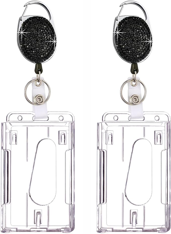 VIQWYIC 2 Pack Retractable ID Badge Holder with Clip, Bling Badge Reels with Clear Card Holders for Office Worker Teacher Doctor Nurse (Black)