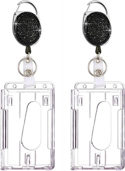 VIQWYIC 2 Pack Retractable ID Badge Holder with Clip, Bling Badge Reels with Clear Card Holders for Office Worker Teacher Doctor Nurse (Black)