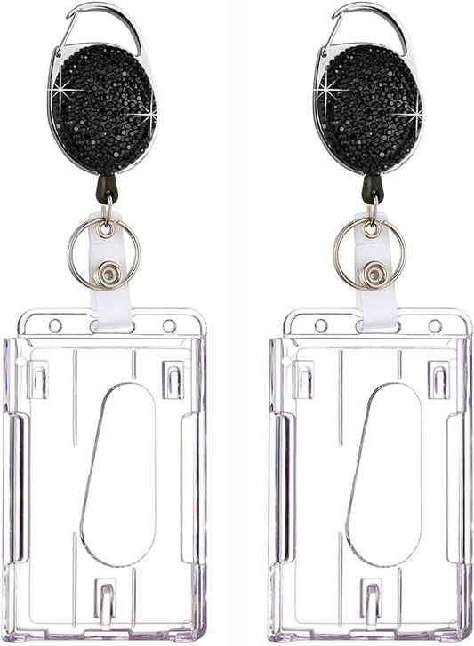 VIQWYIC 2 Pack Retractable ID Badge Holder with Clip, Bling Badge Reels with Clear Card Holders for Office Worker Teacher Doctor Nurse (Black)