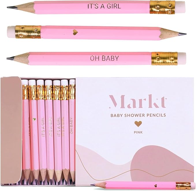 Markt Mini Pencils For Baby Shower Games For Girl, Heart Pencils, Small Pink Pencil Set