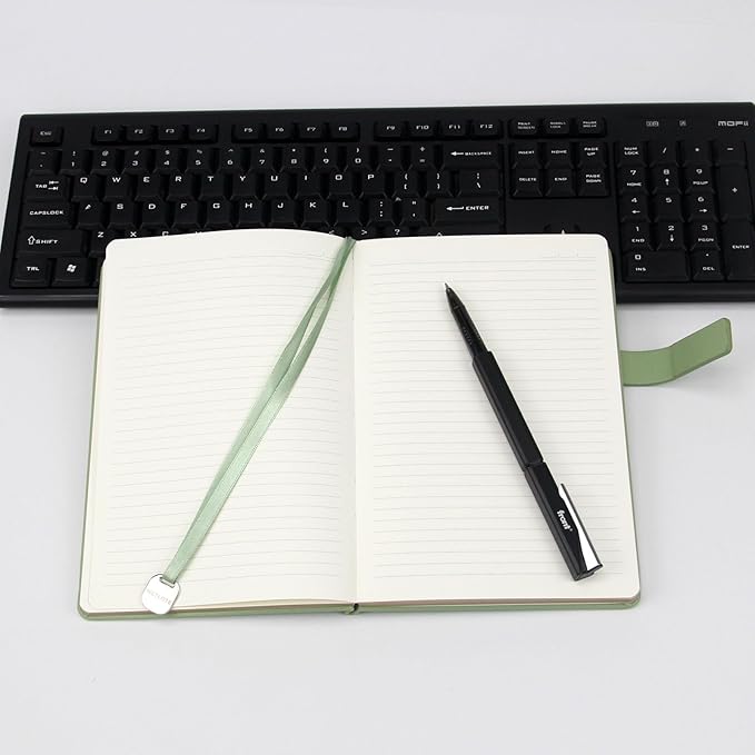 A5 Hard Cover Notebook with Pen Holder, Gold Edges & 180° Lay Flat - Large 5x8.25 Lined, Bookmark, Gift Box - Durable Journal for Office, Study, Travel - Writers, Students (Grass Green)