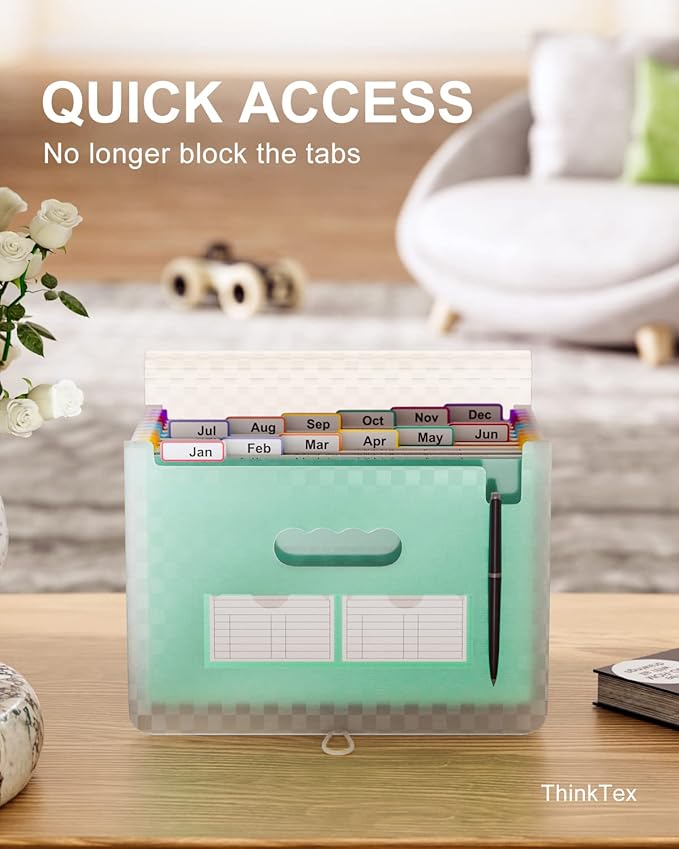 ThinkTex Accordian File Organizer, 12 Pockets Expanding File Folders, Portable Monthly Bill Receipt Organizer, Colorful Tabs, Letter/A4 Size - Green
