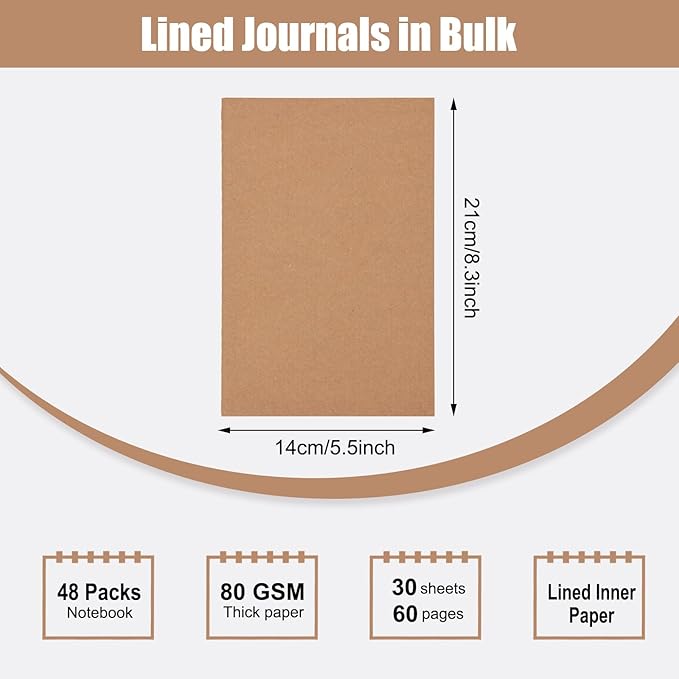 EOOUT 48 Pack A5 Lined Kraft Notebooks, Travel Journals Bulk 8.3x5.5in College Ruled Subject Notebooks 30 Sheets 60 Pages for Writing School Office Supplies