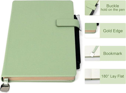 A5 Hard Cover Notebook with Pen Holder, Gold Edges & 180° Lay Flat - Large 5x8.25 Lined, Bookmark, Gift Box - Durable Journal for Office, Study, Travel - Writers, Students (Grass Green)