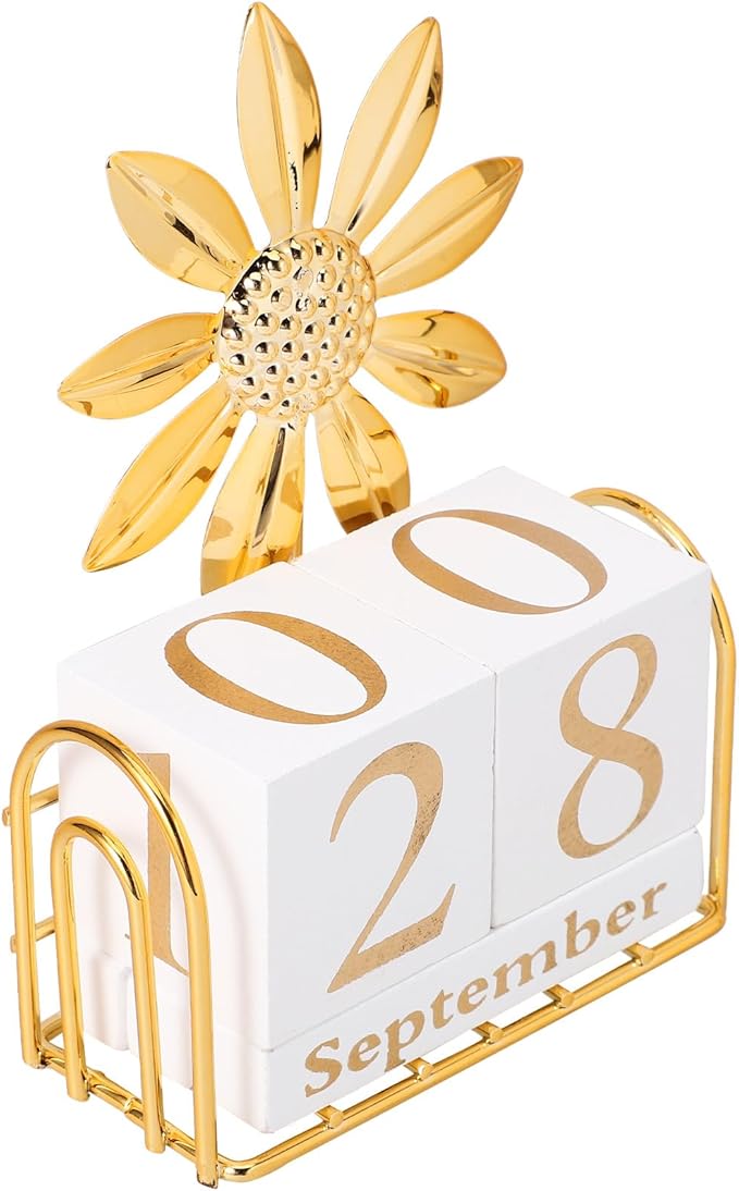 SUPVOX Wooden Block Calendar for Desk Daily Desktop Perpetual Calendar Wood Month Date Display Blocks Farmhouse Desk Accessories for Home Office Decor Reusable Yearly Sunflower Design