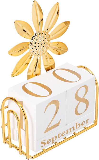 SUPVOX Wooden Block Calendar for Desk Daily Desktop Perpetual Calendar Wood Month Date Display Blocks Farmhouse Desk Accessories for Home Office Decor Reusable Yearly Sunflower Design