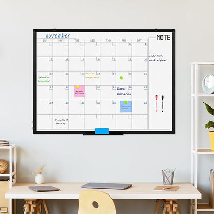 WALGLASS Dry Erase Calendar Whiteboard, 48" x 36" Monthly Large Dry Erase Calendar for Wall, Double-Sided Hanging Calendar White Board with Black Aluminum Frame for Home, School, Office, Kitchen
