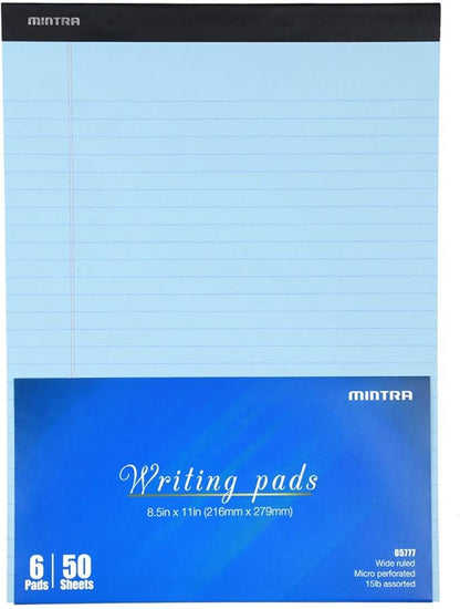 Mintra Office Legal Pads - ((BASIC PASTEL 6pk, 8.5in x 11in, WIDE RULED)) - 50 Sheets per Notepad, Micro perforated, Pastel Writing Pad, Notebook Paper for School, College, Office, Business - Pink, Blue, Purple