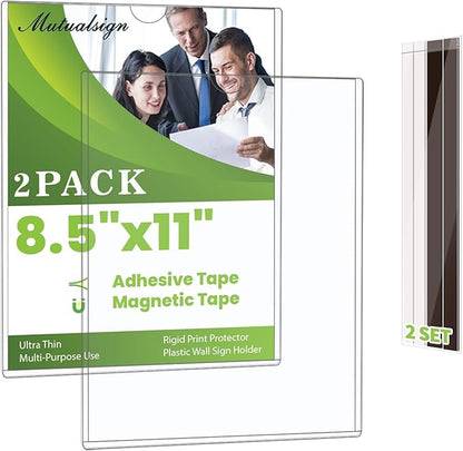 2 Pcs Wall Sign Holder 8.5"x11" Magnetic Sign Holder, Rigid Print Protectors with Magnet Strips and Adhesive Strips, Wall Mount Plastic Paper Holder for Office Store Home Window Display (Clear)