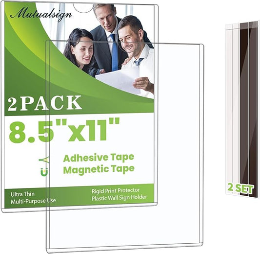 2 Pcs Wall Sign Holder 8.5"x11" Magnetic Sign Holder, Rigid Print Protectors with Magnet Strips and Adhesive Strips, Wall Mount Plastic Paper Holder for Office Store Home Window Display (Clear)