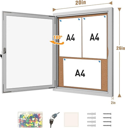 26"x20" Enclosed Bulletin Board, Outdoor Lockable Weather-Resistant Aluminum Cork Noticeboard for School & Office, Silver Frame w/Cork