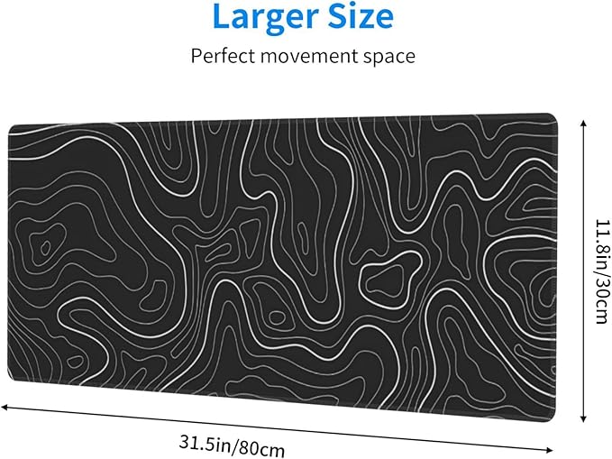 Extended Gaming Mouse Pad, Large Gaming Mouse Waterproof with Stitched Edges, Non-Slip Desktop Pad for Home and Office, Level Up Your 31.5x11.8 Inch… (Black Topographic)