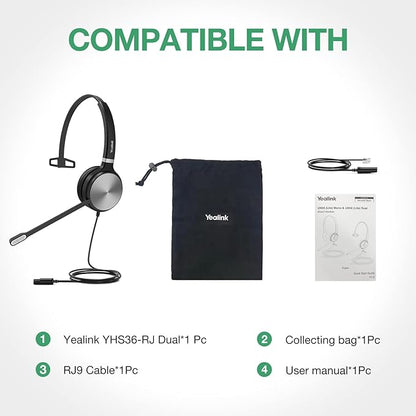 Yealink Phone Headsets for Office Phones YHS36 QD to RJ9 Wired Headset Compatible with Poly Snom Grandstream Phones Desk Landline VoIP Headset with Microphone -Mono/124g/2.1m Cable