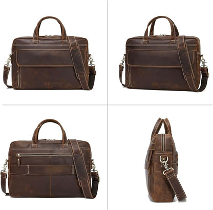 Full Grain 17.3" Leather Briefcase Messenger Laptop Bag For Men