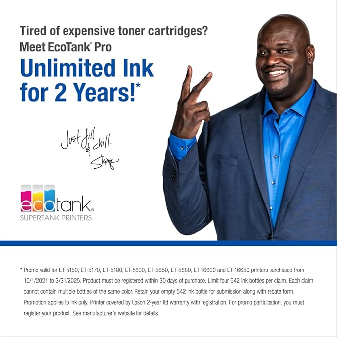 Epson EcoTank Pro ET-5180 Wireless Color All-in-One Supertank Printer with Scanner, Copier, Fax Plus Auto Document Feeder and PCL/Postscript, White, Large