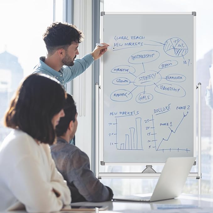 Dry Erase Whiteboard Easel on Wheels - 24 x 36 inch Double Sided Mobile Whiteboard, Reversible Magnetic Double Sided Rolling whiteboard Mobile White Board for Home Office Classroom, (24“x 36”)