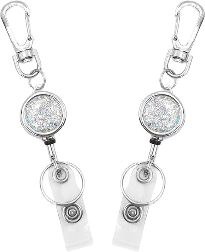 2 Pack Glittery Silver Retractable Badge Reel Keychain, Heavy Duty Retractable Badge Holder for ID Card and Keys