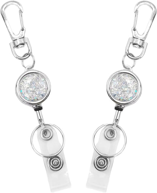 2 Pack Glittery Silver Retractable Badge Reel Keychain, Heavy Duty Retractable Badge Holder for ID Card and Keys