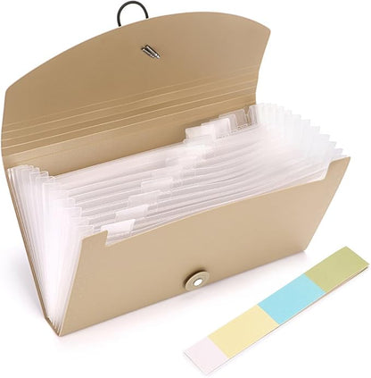 BTSKY Expanding File Folder -13 Pockets Small Accordion File Folder Expandable Card Ticket Holder File Storage Folder Check Bill File Folder Plastic Business Document Organizer Wallet Case, Khaki