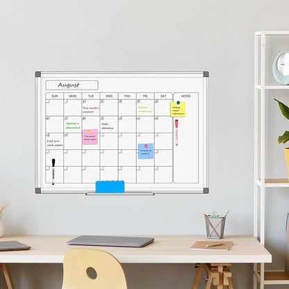 Monthly Calendar Dry Erase Whiteboard for Wall, 24" x 18" Magnetic Calendar White Board, Double-Sided Portable Board for Office, Kitchen, School, Home
